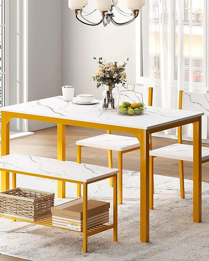 SogesHome 4 Piece Kitchen Dining Table Set for 4, Kitchen Table Bench Chairs Setfor 4, Space-Saving Table Set for Restaurant, Coffee Shop, Golden - LeafyLoom