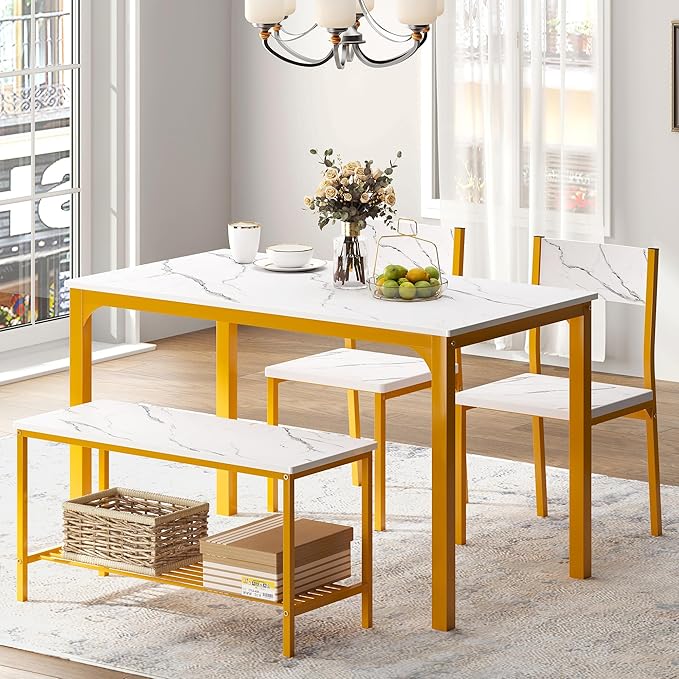 SogesHome 4 Piece Kitchen Dining Table Set for 4, Kitchen Table Bench Chairs Setfor 4, Space-Saving Table Set for Restaurant, Coffee Shop, Golden - LeafyLoom