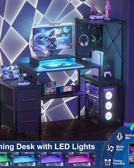 Small Gaming Desk with 2 Fabric Drawers - Reversible Computer Desk with Power Outlet & LED Lights, 49" Office Desk with Monitor Stand & Storage Shelves, Writing Study Table with Pegboard, Black - LeafyLoom