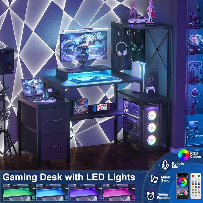 Small Gaming Desk with 2 Fabric Drawers - Reversible Computer Desk with Power Outlet & LED Lights, 49" Office Desk with Monitor Stand & Storage Shelves, Writing Study Table with Pegboard, Black - LeafyLoom