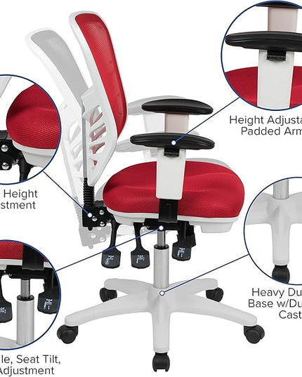 Flash Furniture Nicholas Mid-Back Red Mesh Multifunction Executive Swivel Ergonomic Office Chair with Adjustable Arms and White Frame - LeafyLoom