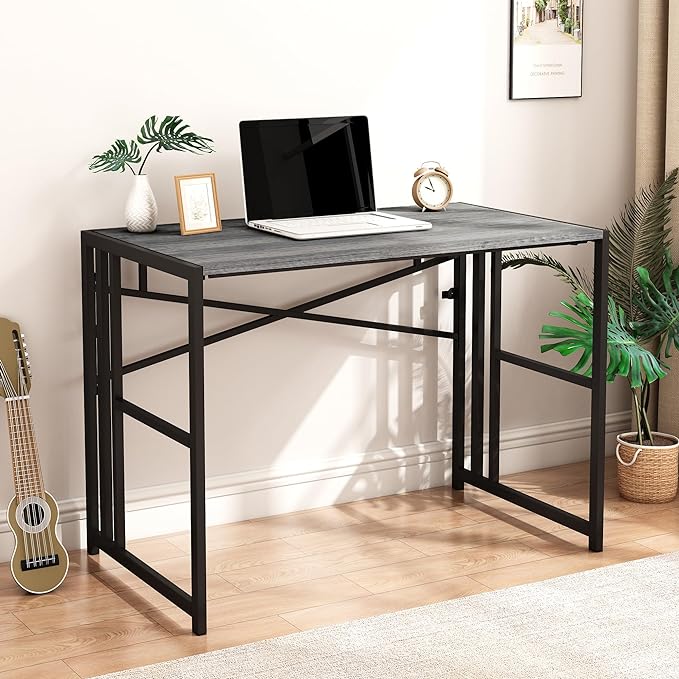 31 Inch Folding Small Computer Desk, Foldable Space-Saving Home Office Table, Simple Study Writing Gaming Workstation for Small Space, No Assembly Needed, Grey Oak - LeafyLoom