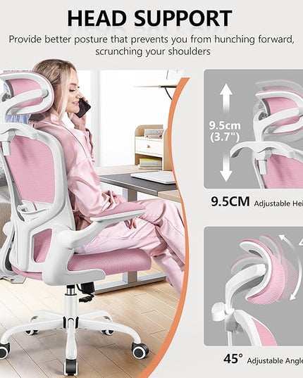 FelixKing Office Chair with Headrest, Ergonomic Desk Chair with Wheels, Task Swivel Comfy Chair with Adjustable Lumbar Support, Breathable Mesh Computer Chair with flip-up Armrests for Home (Pink) - LeafyLoom