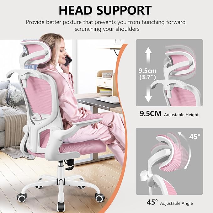 FelixKing Office Chair with Headrest, Ergonomic Desk Chair with Wheels, Task Swivel Comfy Chair with Adjustable Lumbar Support, Breathable Mesh Computer Chair with flip-up Armrests for Home (Pink) - LeafyLoom