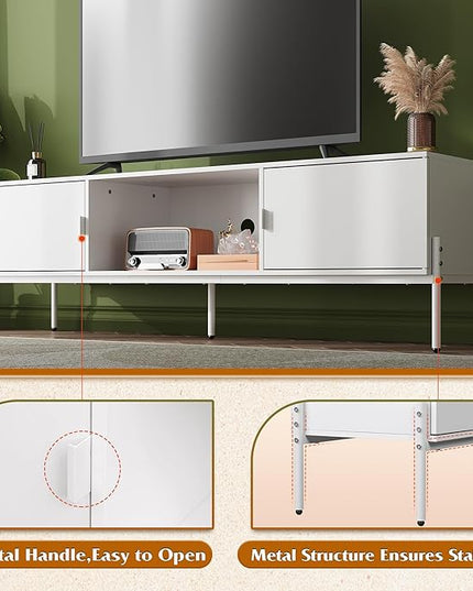 WLIVE Modern TV Stand for 65 Inch TV, Mid Century Entainment Center with Storage, TV Console with Open Shelf and 2 Cabinets for Bedroom and Living Room, TV Cabinet with Metal Legs, White - LeafyLoom