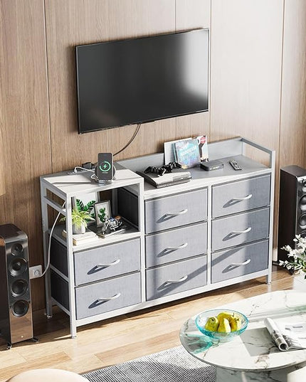 ODK Dresser with Charging Station, 52-Inch Long Dresser TV Stand for Bedroom, Large Dresser with 8 Storage Drawers, Chest of Drawers Easy-Pull Fabric Dressers for Living Room, White and Light Grey - LeafyLoom