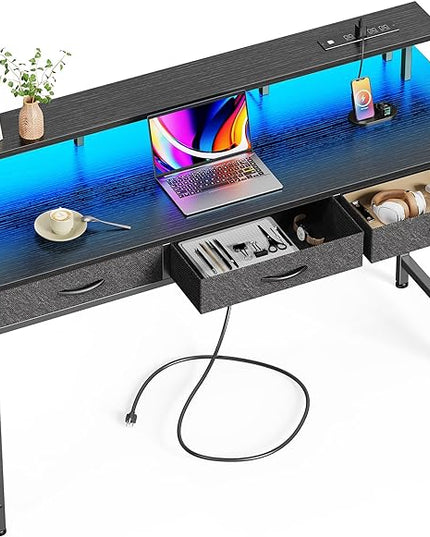 55 inch Computer Desk with 3 Drawers, Office Desk Gaming Desk with LED Lights & Power Outlets, Home Office Desks with Storage Space for Bedroom, Work from Home, Black - LeafyLoom