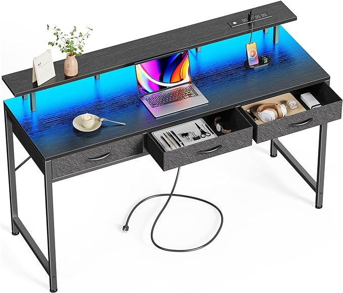 55 inch Computer Desk with 3 Drawers, Office Desk Gaming Desk with LED Lights & Power Outlets, Home Office Desks with Storage Space for Bedroom, Work from Home, Black - LeafyLoom