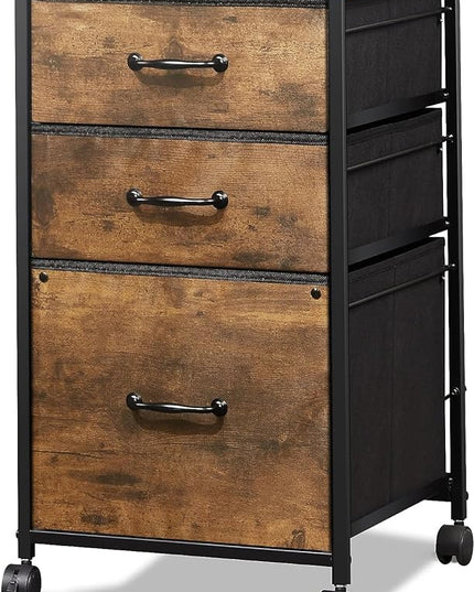 DEVAISE Mobile File Cabinet, Rolling Printer Stand with 3 Drawers, Fabric Vertical Filing Cabinet fits A4 or Letter Size for Home Office, Rustic Brown Wood Grain Print - LeafyLoom