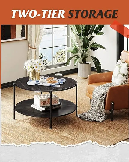 WLIVE Round Coffee Table, Rustic 2-Tier Circle Coffee Table with Open Storage Shelf, Industrial 32.6" Wood Round Center Table for Living Room, Bedroom, Home Office, Charcoal Black - LeafyLoom