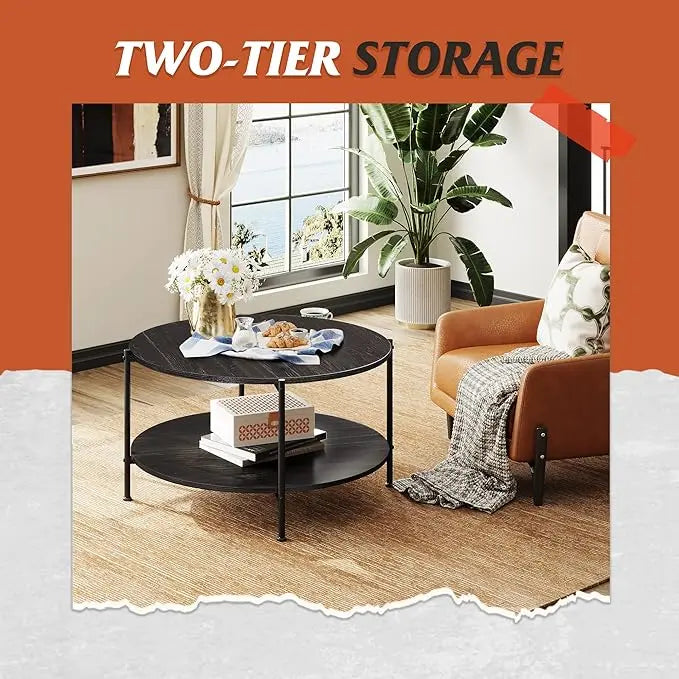 WLIVE Round Coffee Table, Rustic 2-Tier Circle Coffee Table with Open Storage Shelf, Industrial 32.6" Wood Round Center Table for Living Room, Bedroom, Home Office, Charcoal Black - LeafyLoom