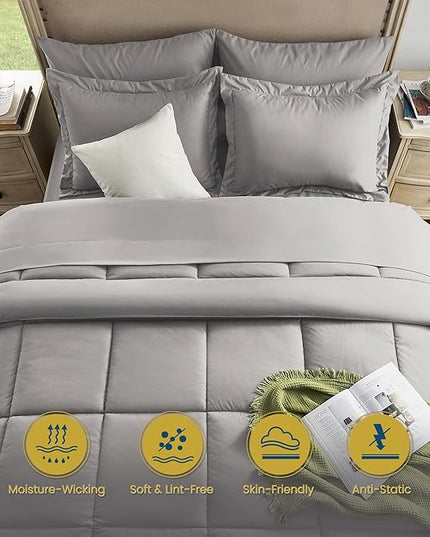 King Size Bed in a Bag 7 Pieces Comforter Set King, Wood Grain Texture Bedding Comforter Set Light Grey Bed Set with Comforter, Pillowcases, Flat Sheet, Fitted Sheet and Pillow Shams - LeafyLoom