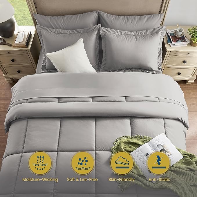 King Size Bed in a Bag 7 Pieces Comforter Set King, Wood Grain Texture Bedding Comforter Set Light Grey Bed Set with Comforter, Pillowcases, Flat Sheet, Fitted Sheet and Pillow Shams - LeafyLoom
