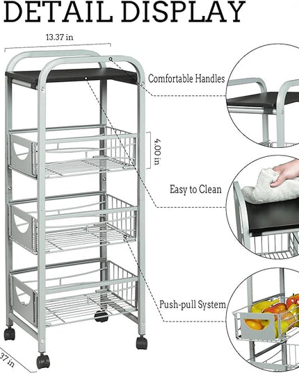 Slim Rolling Storage Cart Small Narrow Kitchen Metal Storage Cart with Lockable Wheels Slim Laundry Bathroom Storage Cart with Wooden top for Kitchen Laundry Narrow Places with Pull-Out Basket Grey - LeafyLoom