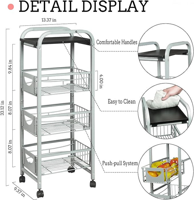 Slim Rolling Storage Cart Small Narrow Kitchen Metal Storage Cart with Lockable Wheels Slim Laundry Bathroom Storage Cart with Wooden top for Kitchen Laundry Narrow Places with Pull-Out Basket Grey - LeafyLoom