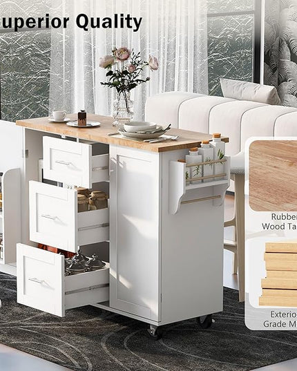Mobile Island, Spice Tower, Rolling Kitchen Cart on Wheels w/Rubber Wood Top, 3 Drawer, 2 Slide-Out Shelf and Internal Storage Rack, White, 50 Inch - LeafyLoom