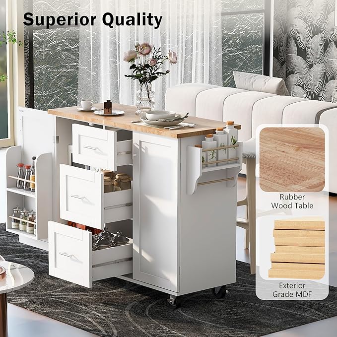 Mobile Island, Spice Tower, Rolling Kitchen Cart on Wheels w/Rubber Wood Top, 3 Drawer, 2 Slide-Out Shelf and Internal Storage Rack, White, 50 Inch - LeafyLoom