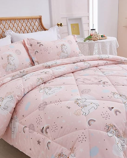 JSD Pink Unicorn Kids Comforter Set for Girls, 3 Pieces Full Microfiber Comforter with Pillow Sham, Soft Comfortable Machine Washable - LeafyLoom