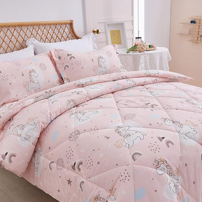 JSD Pink Unicorn Kids Comforter Set for Girls, 3 Pieces Full Microfiber Comforter with Pillow Sham, Soft Comfortable Machine Washable - LeafyLoom