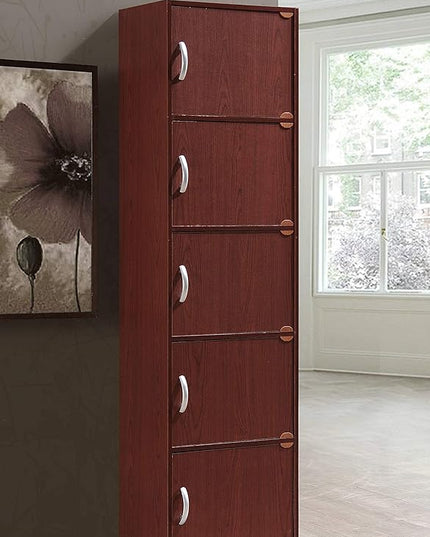 HODEDAH 5 Door Bookcase Cabinet, Mahogany - LeafyLoom