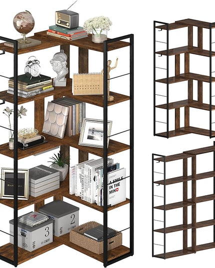 5 Tier Bookshelf Wood Bookcase with 2 Hooks Modern Corner Bookshelf Library Industrial Shelving Book Case Adjustable Book Shelves for Bedroom Living Room Home Office Rustic Brown - LeafyLoom