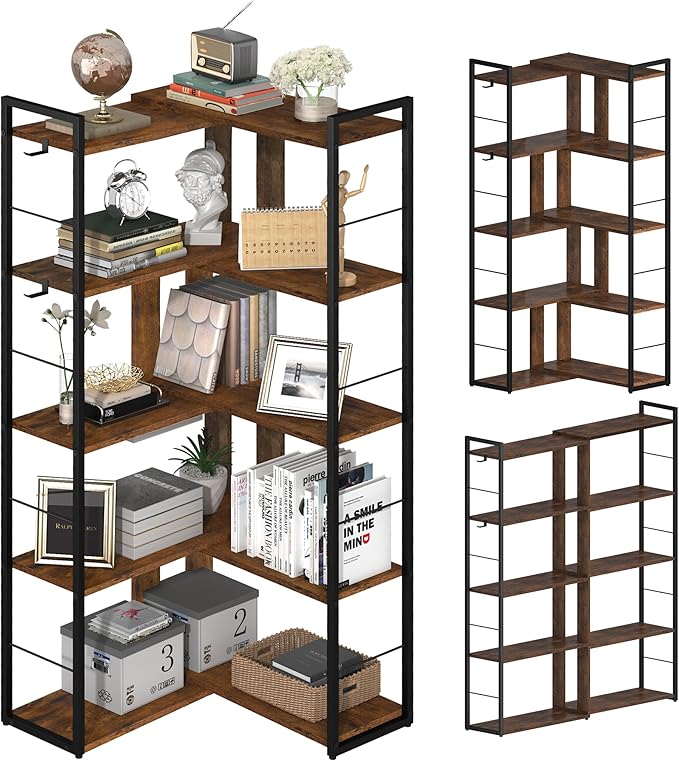 5 Tier Bookshelf Wood Bookcase with 2 Hooks Modern Corner Bookshelf Library Industrial Shelving Book Case Adjustable Book Shelves for Bedroom Living Room Home Office Rustic Brown - LeafyLoom