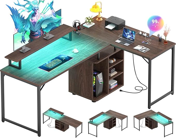 Cyclysio L Shaped Gaming Desk with Wood Cabinet, 58" Large Corner Desk with LED Lights & Power Outlet, Reversible Computer Desk with Monitor Stand, Home Office Desk 2 Person Corner Desk,Rustic Walnut - LeafyLoom