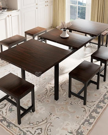 Feonase 7-Piece Dining Table Set with 6 Stools, 63" Large Extendable Kitchen Table Set for 4-8, Mid-Century Dining Room Table with Heavy-Duty Frame, Easy Assembly, Espresso - LeafyLoom