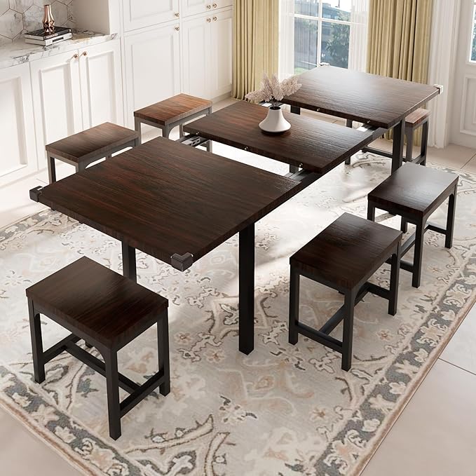 Feonase 7-Piece Dining Table Set with 6 Stools, 63" Large Extendable Kitchen Table Set for 4-8, Mid-Century Dining Room Table with Heavy-Duty Frame, Easy Assembly, Espresso - LeafyLoom