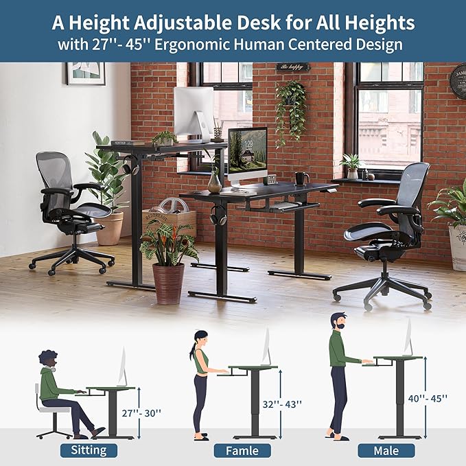 BANTI 48" x 24" Height Adjustable Electric Standing Desk with Keyboard Tray, Sit Stand up Desk with Splice Board, Black Frame/Black Top - LeafyLoom