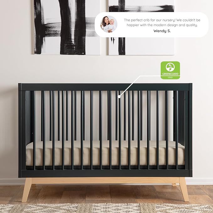dadada Baby Soho 3-in-1 Convertible Crib to Toddler Bed – Wooden Crib Made in Italy, GREENGUARD Gold Certified Small Baby Crib – Baby-Safe Finish, Modern Design (Black/Natural) - LeafyLoom