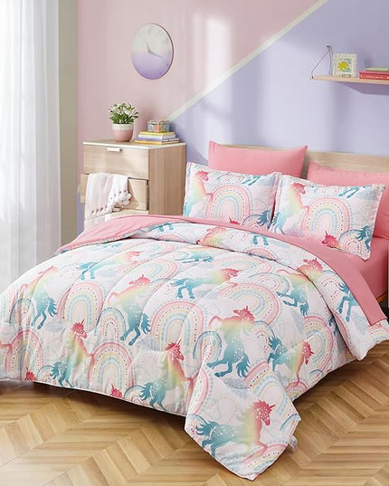 Twin Comforter Set for Girls, 6 Pieces Bed in a Bag, Colorful Unicorn Bedding Comforter Sheet Set, Ultra Soft and Fluffly, Pink & Rainbow Color, Colorful Bed in a Bag for Girls - LeafyLoom