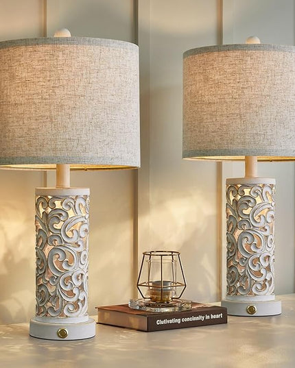 OYEARS 3-Way Dimmable 22'' Table Lamp Set of 2 for Living Room Bedroom Farmhouse Vintage Retro Bedside Lamps Touch Control with USB Ports Linen Shade for Home Office (Wash White, Bulb Included) - LeafyLoom