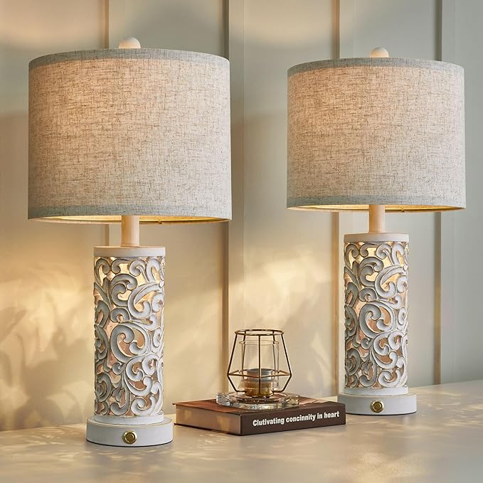 OYEARS 3-Way Dimmable 22'' Table Lamp Set of 2 for Living Room Bedroom Farmhouse Vintage Retro Bedside Lamps Touch Control with USB Ports Linen Shade for Home Office (Wash White, Bulb Included) - LeafyLoom