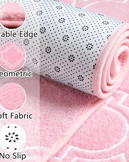 Chicrug Shag Geometric Modern Area Rug for Living Room, 7x10 Feet Large Memory Foam Indoor Carpet, Fluffy Rug for Bedroom Bedside Room Decor for Family Girls Kids Nursery, Pink/White - LeafyLoom