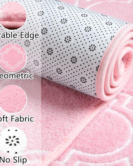 Chicrug Shag Geometric Modern Area Rug for Bedroom, 6x9 Feet Memory Foam Indoor Carpet, Fluffy Rug for Living Room Bedside Room Decor for Family Girls Kids Nursery Play Mat, Pink/White - LeafyLoom