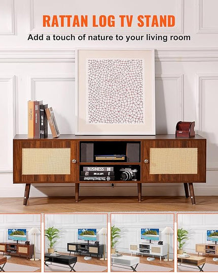 VEVOR Rattan TV Stand, Mid Century Modern TV Stand for 65 inch TV, Boho Rattan TV Cabinet with Build-in Socket and USB Ports, Adjustable Shelfs for Living Room, Media Room, Walnut - LeafyLoom