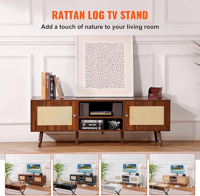 VEVOR Rattan TV Stand, Mid Century Modern TV Stand for 65 inch TV, Boho Rattan TV Cabinet with Build-in Socket and USB Ports, Adjustable Shelfs for Living Room, Media Room, Walnut - LeafyLoom