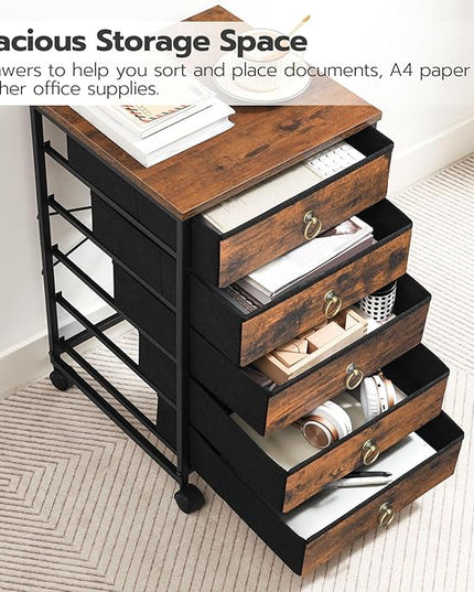 HOOBRO 5-Drawer Chest, File Cabinet, Office Cabinet with Drawers, Rolling Printer Stand, Filing Cabinet for Living Room, Home Office, Nonwovens Drawer, Easy Assembly, Rustic Brown BF50WJ01 - LeafyLoom