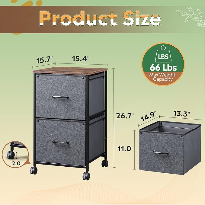 DEVAISE 2 Drawer Mobile File Cabinet, Rolling Printer Stand, Fabric Vertical Filing Cabinet fits A4 or Letter Size for Home Office, Rustic Brown - LeafyLoom