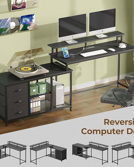 Seventable L Shaped Computer Desk with Drawers, Reversible Gaming Desk with LED Lights & Charging Port, Corner Desk with Storage Shelves & Monitor Stand for Home Office Black - LeafyLoom