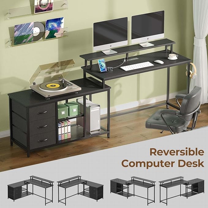 Seventable L Shaped Computer Desk with Drawers, Reversible Gaming Desk with LED Lights & Charging Port, Corner Desk with Storage Shelves & Monitor Stand for Home Office Black - LeafyLoom