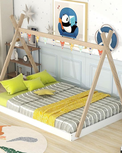 Bellemave Full Size Tent Floor Bed Frame with Triangle Structure, Teepee Bed Platform Bed for Kids,Montessori Floor Bed for Girls Boys(Full,White+Natural) - LeafyLoom