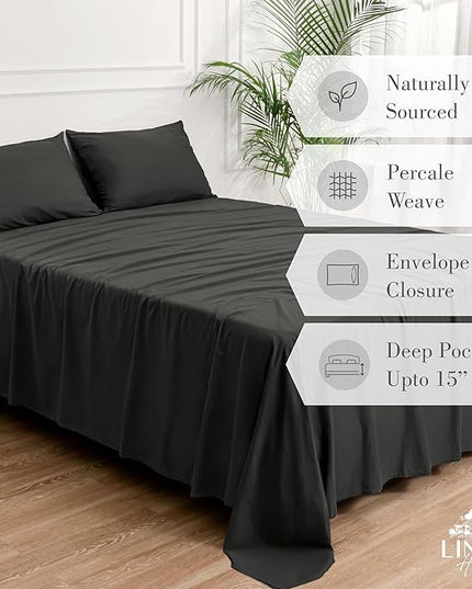 Linen Home Washed Cotton Percale Twin Sheet Set, Charcoal, Deep Pocket, 3 Pieces Bed Sheets - 1 Flat Sheet, 1 Fitted Sheet & 1 Envelope Closure Pillowcase, Cool and Comfortable Bed Linen - LeafyLoom