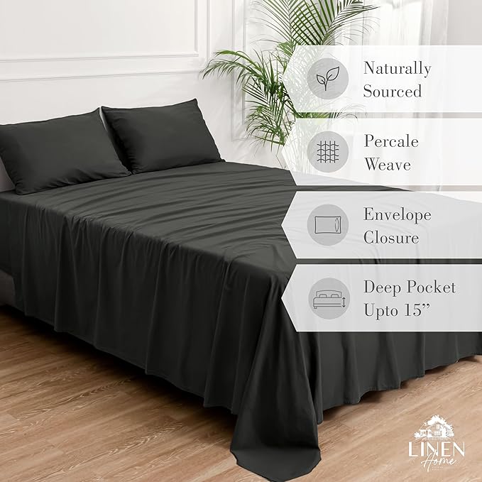 Linen Home Washed Cotton Percale Twin Sheet Set, Charcoal, Deep Pocket, 3 Pieces Bed Sheets - 1 Flat Sheet, 1 Fitted Sheet & 1 Envelope Closure Pillowcase, Cool and Comfortable Bed Linen - LeafyLoom