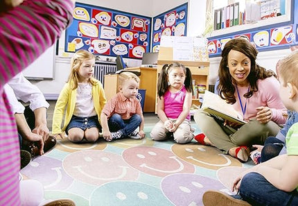 Flagship Carpets Schoolgirl Style Pastel Rainbow Smileys Educational Area Rug for Kids Room Seating Décor, Children's Classroom, Play Carpet for Teaching and Playroom, 5' x 7'6", Multi - LeafyLoom
