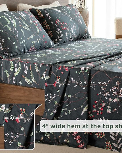 QSH Floral Egyptian Cotton Sheets Queen Size - Elegant Navy Botanical Pattern Printed Bedding Sheets Queen Size Bed Extra Soft and Breathable 4pcs Deep Pockets Bed Sheets - LeafyLoom
