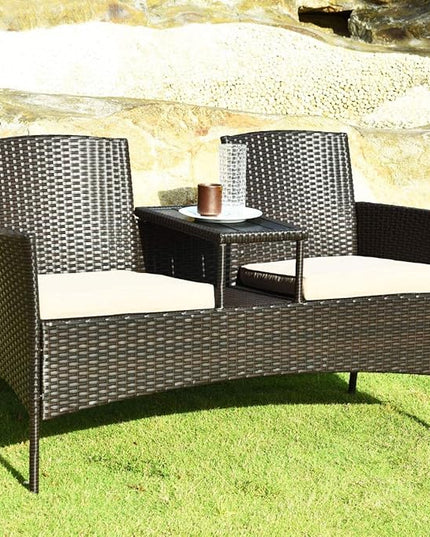 LUARANE Outdoor Rattan Sofas, Contract Patio Conversation Set Wicker Sofa Set with Built-in Coffee Table, Patio Furniture Set with Cushions, Rattan Loveseat for Lawn Backyard Garden (Brown+Beige) - LeafyLoom