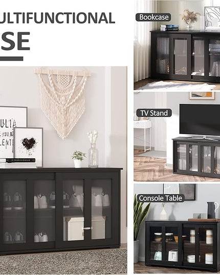 HOMCOM Sideboard Buffet Cabinet, Stackable Credenza, Coffee Bar Cabinet with Sliding Glass Door and Adjustable Shelf, Black - LeafyLoom