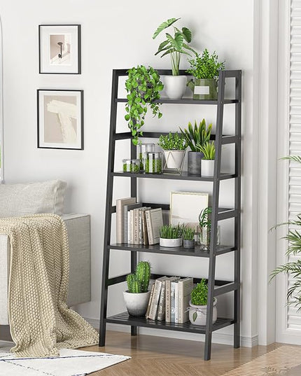 Homykic Bamboo Bookshelf 4-Tier Ladder Shelf, 49.2” Freestanding Open Bookcase Book Shelf Bathroom Storage Shelf Unit Plant Stand for Small Space, Living Room, Bedroom, Home Office, Black - LeafyLoom